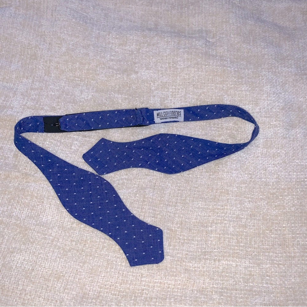 Mill City Fineries chambray blue pindot adjustable bow tie